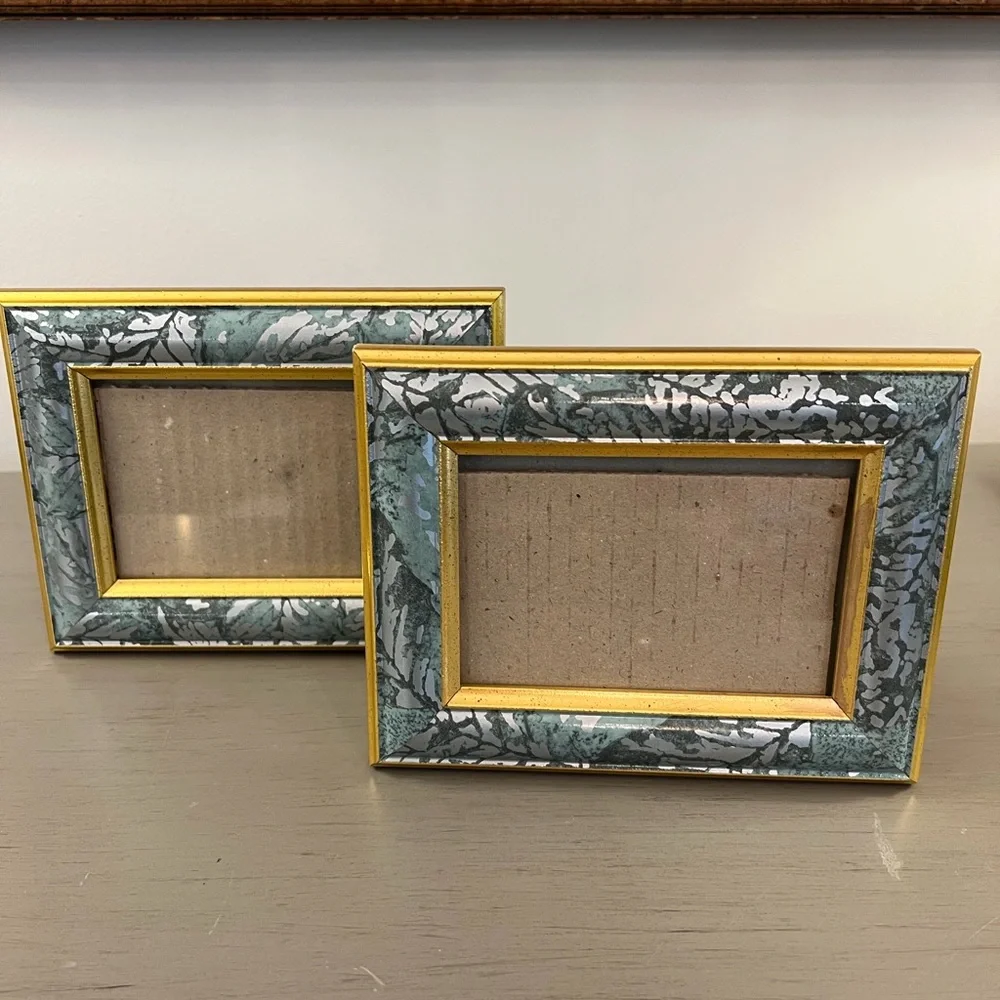 Vintage 1980’s Picture Frames Set Of 2 Floral Fauna Teal Gold Silver 5x7 Photo